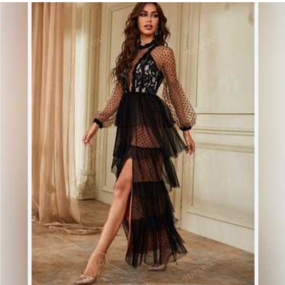 Giffniseti Dresses & Skirts - Giffniseti NWT Mesh Polkadot Whimsygoth Witchy Fairy Black Cream FlowyMaxi Dress